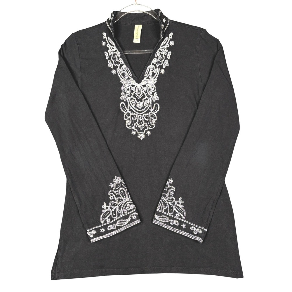 Decorated‎ Originals Black Embroidered Tunic Top Long Sleeve V-Neck Medium